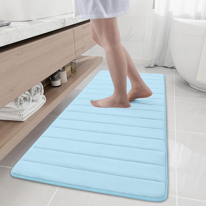 Buganda Memory Foam Bath Mat, 59" x 20", Ultra Soft and Non-Slip Bathroom Rugs, Water Absorbent and Machine Washable Bath Rug Runner for Bathroom, Shower, and Tub, Light Blue