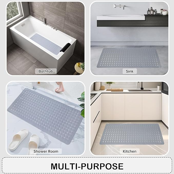Linoows Non-Slip Bathtub and Shower Mats, Power Grip Bath Mat 35 x 16.3 Inch with Suction Cups and Drain Holes for Tub Bathroom Floor Safety, Machine Washable Soft Bathmat, Gray