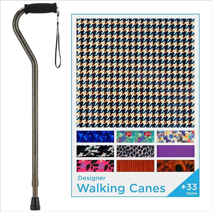 Nova Joy Designer Offset Walking Cane for Seniors - Unisex Adjustable Lightweight Aid with Foam Handle, Wrist Strap and Anti-Rattle Lock - Essential Mobility Support - Houndstooth