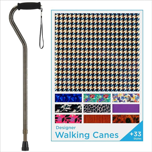 Nova Joy Designer Offset Walking Cane for Seniors - Unisex Adjustable Lightweight Aid with Foam Handle, Wrist Strap and Anti-Rattle Lock - Essential Mobility Support - Houndstooth