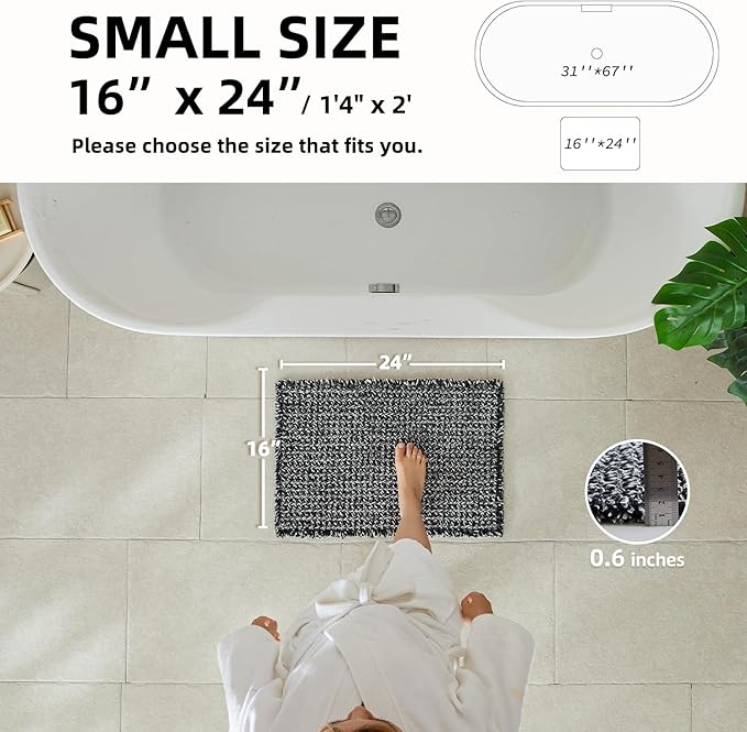 Black and White Bathroom Rugs, Waffle Bath Mat Non Slip Washable Super Absorbent Quick Dry Boho Farmhouse Bathroom Decor, 24"x16" Black and White