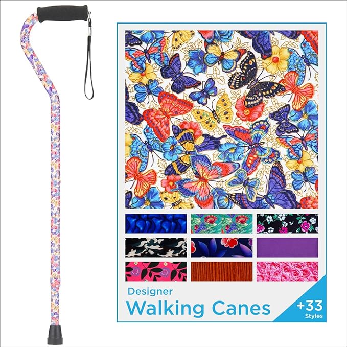Nova Joy Designer Offset Walking Cane for Seniors - Unisex Adjustable Lightweight Aid with Foam Handle, Wrist Strap and Anti-Rattle Lock - Essential Mobility Support - Butterfly Symphony
