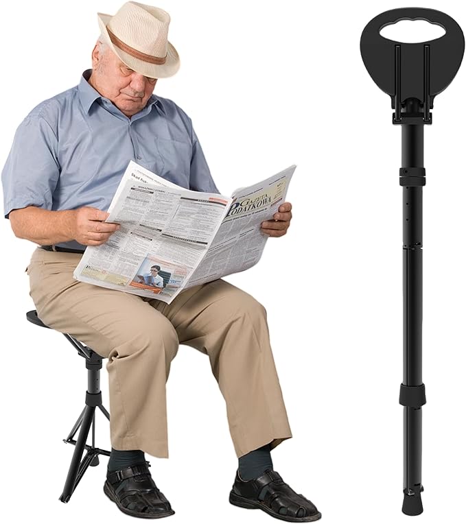 Cane with Seat Portable Walking Stick Folding Chair Lightweight Aluminum Mobility Aid Crutch Chair Height Adjustable with Carry Bag for Seniors Elderly Handicap Waiting/Queuing/Fishing