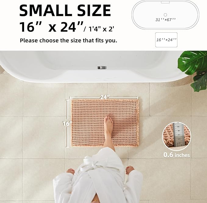 Waffle Bath Mat, Boho Bathroom Rugs Non Slip Washable Super Absorbent Quick Dry Bath Mat Farmhouse Bathroom Decor, 24"x16" Light Peach
