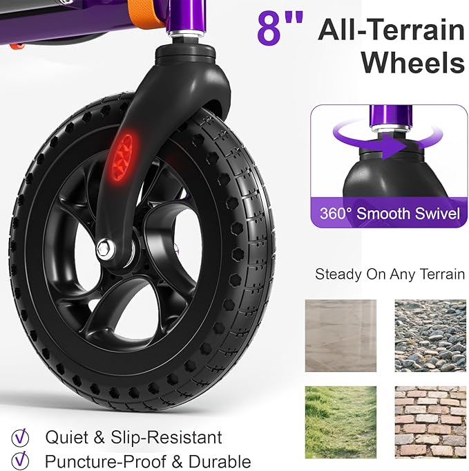 Rollator Walker for Seniors with Seat, Lightweight & Foldable, 8" All-Terrain Wheels, 18" Big Seat, 6-Level Adjustable Height Rolling Walker, 350 lb Capacity, Purple