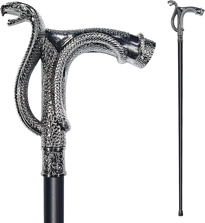 Walking Cane for Men & Women - Heavy Duty 500+ lbs Capacity, Gothic Cane with Ornate Design, Decorative Goth Metal Ergonomic Handle Cane, Black & Silver Snake Walking Stick for Senior Gift