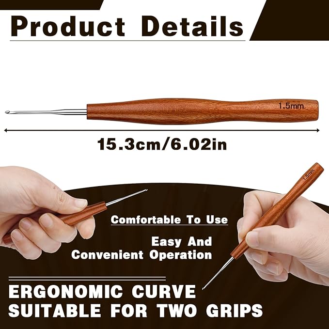 Nitlak 1.5mm Crochet Hook, Available in 1.5mm-6.0mm, Aluminum Ergonomic Crochet Hook with Wooden Handle for Arthritic Hands, Beginners, Knitting Needles for Mom Gifts