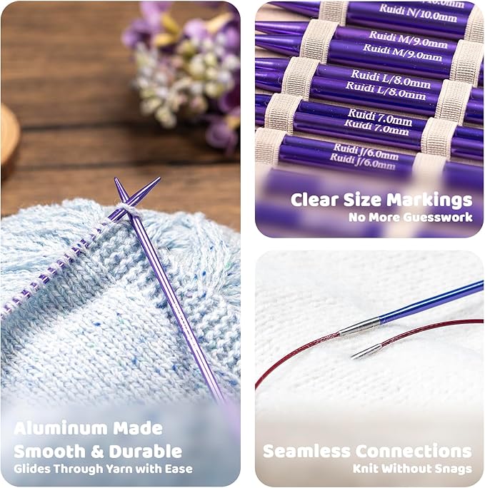 SLPLIRS Circular Knitting Needles Set, 13 Sizes Long Aluminium Interchangeable Circular Knitting Needles Set with Case & Accessories, 5" (13cm) | (2.75mm to 10mm) (Purple)