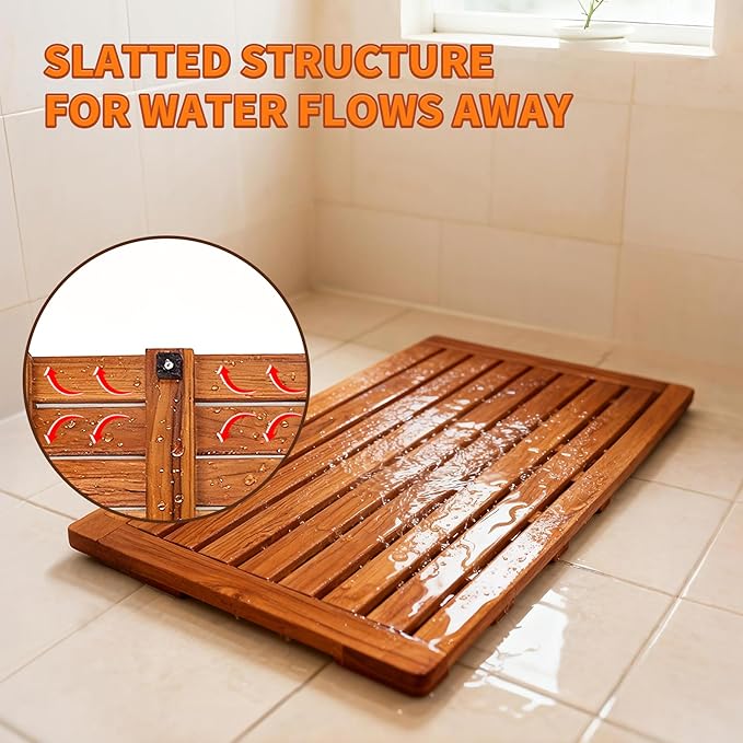 Utoplike Teak Bath Mat, Large Wood Shower Mats for Bathroom, 31.9"x17.9" Sturdy Floor Mat for Indoor Spa or Outdoor