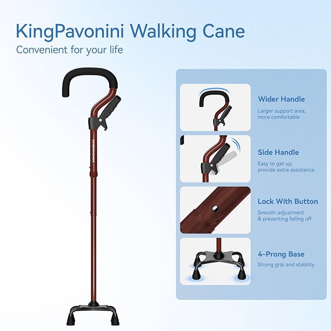 KingPavonini Canes for Women/Men with Second Handle, Foldable & Adjustable Walking Cane with 4-Pronged Base, Quad Cane for Stability, Standing, Balance, Leg Surgery Recovery