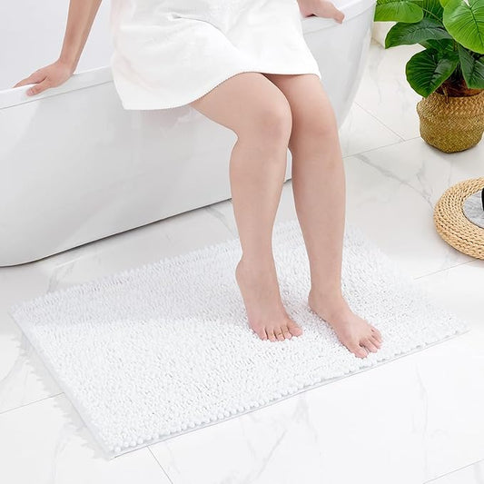Small Bathroom Rug Non Slip Washable White Bath Mat 17x24 Super Absorbent Soft Bathroom Floor Mat Chenille Bath Rug for Shower Tub
