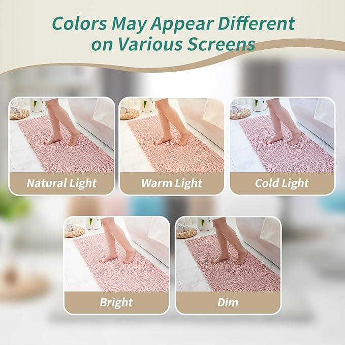 Small Bathroom Rug Non Slip Washable Pink Bath Mat 17x24 Super Absorbent Soft Bathroom Floor Mat Chenille Bath Rug for Shower Tub