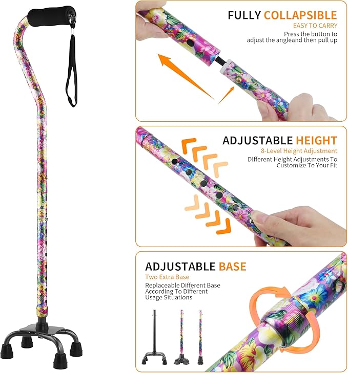 LIXIANG Walking Canes Stablize Women Quad Canes for Seniors & Adults Foldable Adjustable for Men & Women Heavy Duty Freestanding Cane for People with Leg Injuries 3 footings