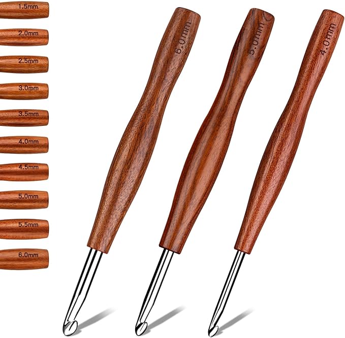 Nitlak 3 Pcs Crochet Hook, 3 Size Aluminum Ergonomic Crochet Hook with Wooden Handle for Arthritic Hands, Beginners, Crochet Needles for Knitting (4mm/5mm/6mm)