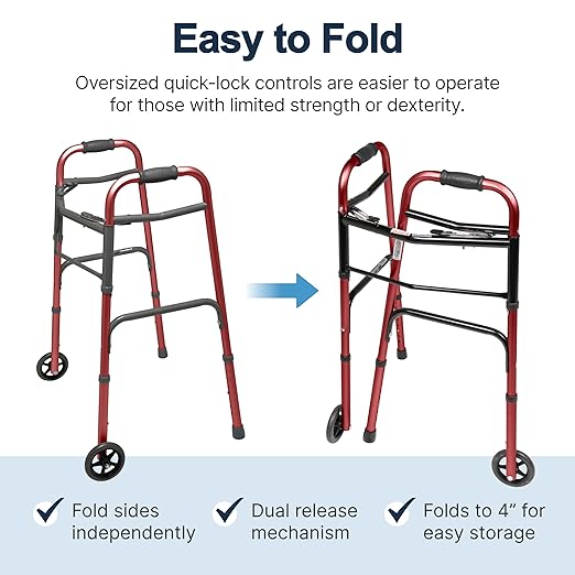 Lumex ColorSelect Walker, Lightweight & Folding 2-Wheel Walker for Adults & Seniors, Red