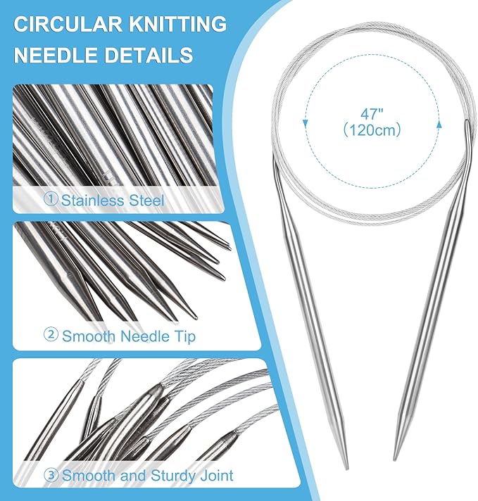 Aeelike Circular Knitting Needles Set Stainless Steel Knitting Needles 47-inch, 9 Pack Knitting Needles Round with Cable, Long & Smooth Metal Round Needles Gift for Mother Grandmother