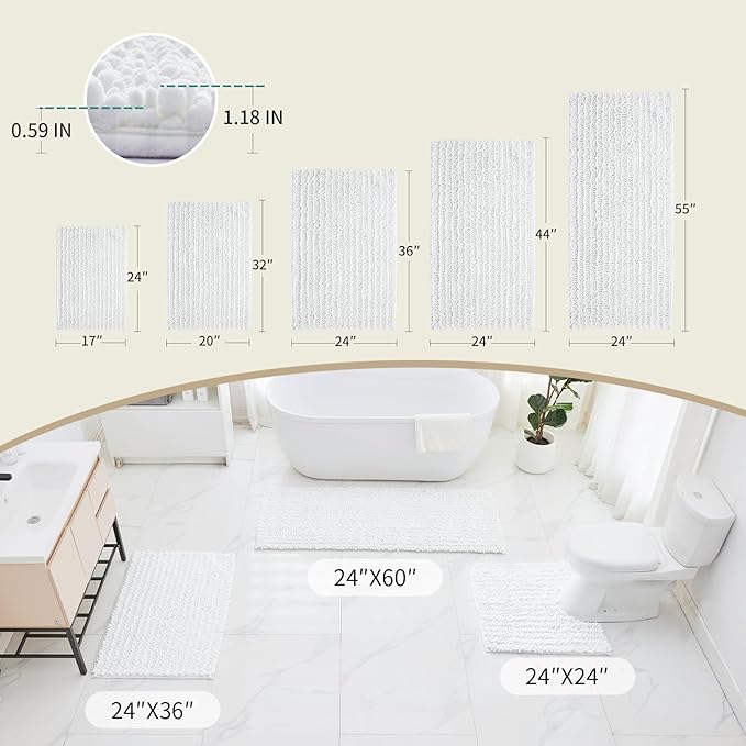 Bathroom Runner Rug 24x60 Non Slip Washable Long Bath Mat for Tub Thick Soft Absorbent Bathroom Floor Mat Large Chenille Bath Rug for Shower, White