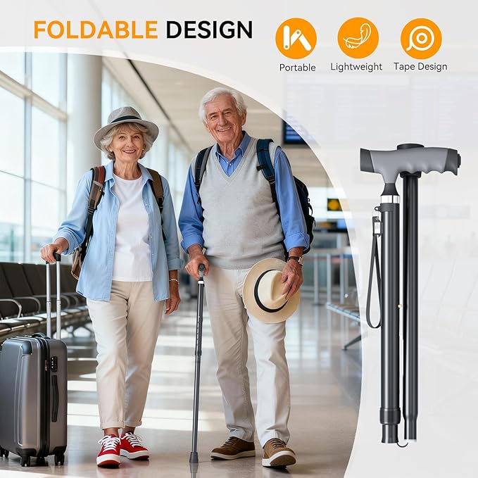 Walking Cane with LED Light for Seniors Men Women, Adjustable Folding Canes for Elderly, Ergonomic Handle & All Terrain Shock Absorbing Base, Walking Sticks for Indoor Outdoor Travel Hiking Support
