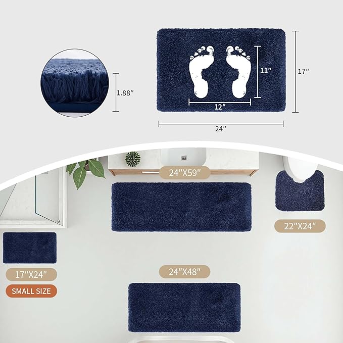 Small Bathroom Rugs 17x24 Non Slip Navy Fluffy Bath Mat for Bathroom Floor Machine Washable Plush Luxury Bath Rug for Tub Soft Shaggy Absorbent Shower Mat