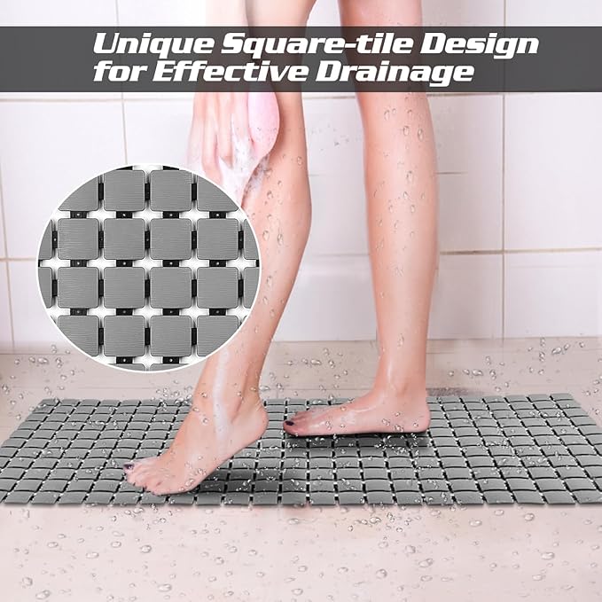 Extra Long Shower Stall Mat Non Slip Bathtub Bath Mats with Suction Cups and Drain Holes- 34 X 15.4 Inch (Gray)