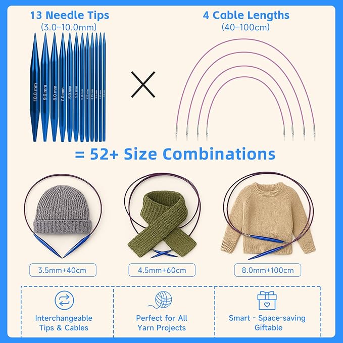 Interchangeable Circular Knitting Needles Set, 13 Pairs (26pcs) Aluminum Knitting Needles Kit, Sizes 3.0mm-10.0mm, Knitting Needle Case & Accessories, for Knitting Projects, Beginners & Advanced