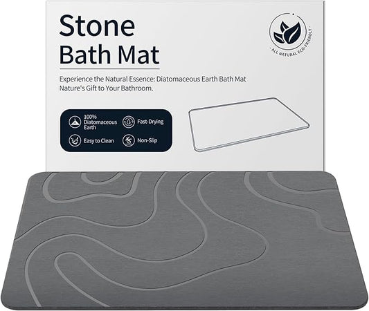 Stone Bath Mat Diatomaceous Earth Shower Mat Non-Slip Super Absorbent Diatomite Stone Mats for Bathroom Floor Quick-Drying Easy to Clean (24''*16'' Grey)