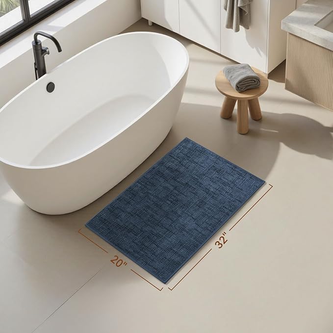 AMOAMI Bath Mat Non Slip Super Absorbent Quick Dry Bath Mats for Bathroom Floor Rubber Backing Washable Bathroom Rugs Modern Woven Jacquard Mat, Beside Tub Bath Rugs, 20" x 32", Blue