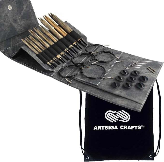 Lykke Driftwood 5.5, 6.5 & 7.5 Inch Long Interchangeable Knitting Needles Birch Wood US Sizes US Sizes 7, 8, 9, 10, 10.5, 11, 13, 15, 17 with 5 Cords, connectors, Keys, Grey Denim Case, Project Bag