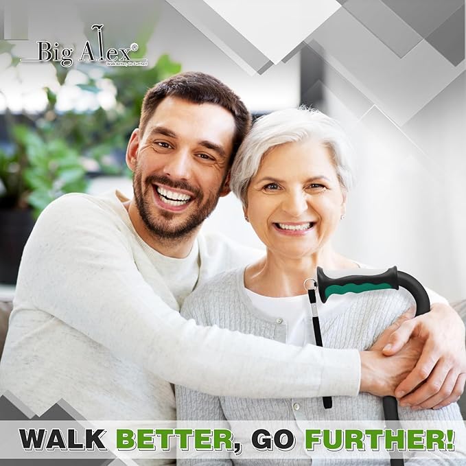 BigAlex Quad Cane, Foldable Adjustable Walking Cane for Men & Women with Stable 4-Pronged Base for Extra Stability & Balance, Heavy Duty, Lightweight, Soft Offset Handle Stick for Seniors & Elderly