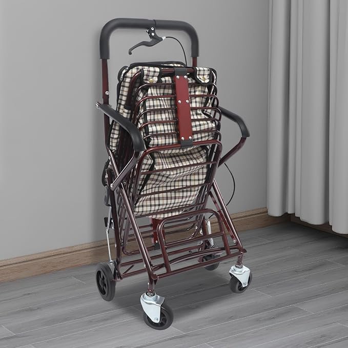 Wine Red Foldable Shopping Cart with Seat & Handbrake, 220lb Capacity, 55lb Basket, 4-Wheel Senior Rollator for Groceries