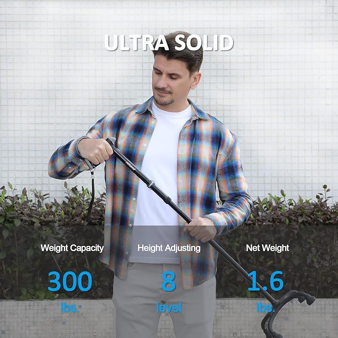 Rehand Quad Cane, Walking Cane with Ergonomic Handle Ever and Graceful 4-Pronged Base for Extra Stability, Adjustable Walking Sticks for Right or Left Handed Men & Women and Seniors