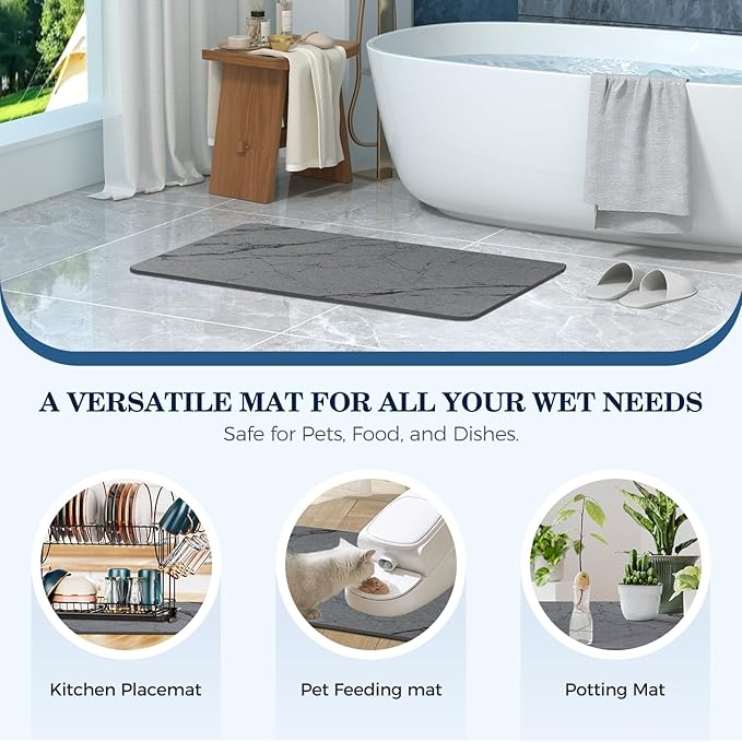 Stone Bath Mat Quick Dry Bath Stone Mat for Bathroom Floor Diatomaceous Earth Diatomite -Super Absorbent,Natural, Easy to Clean Grey