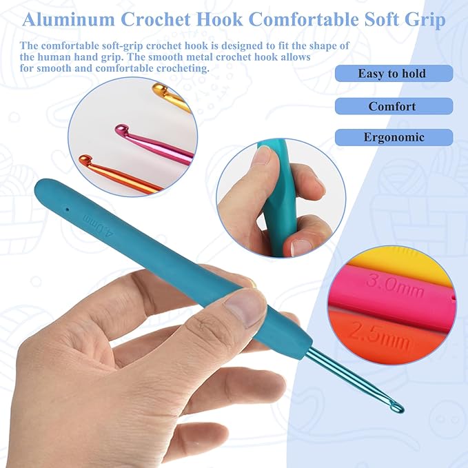 Coopay Crochet Set for Beginners - Ergonomic Soft Grip Metal Crochet Hooks (2mm-6mm) & 19PCS Needles Set with Stitch Markers - Perfect for Arthritic Hands