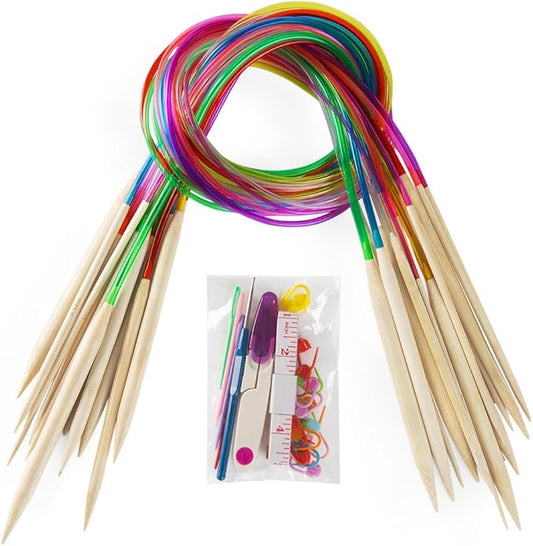 18 Pairs Bamboo Knitting Needles Set, Vancens Circular Wooden Knitting Needles with Colorful Plastic Tube, Small Tools for Weave are Included, 18 Sizes: 2mm - 10mm, 31.5" Length