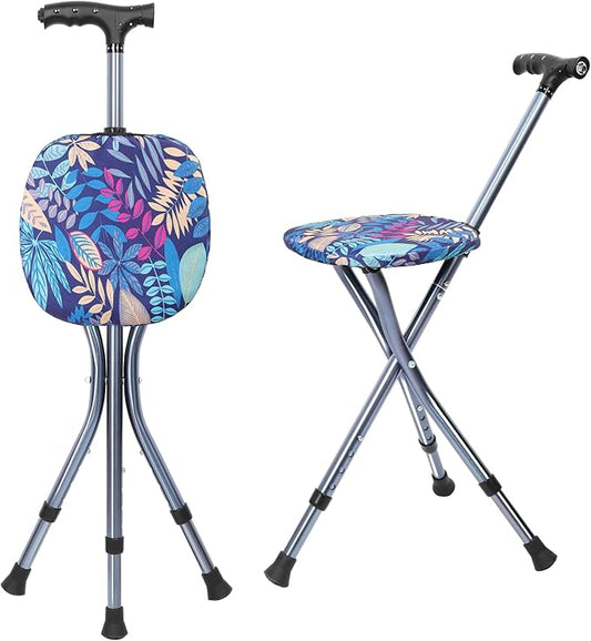 Portable Adjustable Folding Walking Cane with Seat and Cushion，Cane seat for Seniors with Magnetic Massage Handle, Lightweight Walking Cane with LED Light，Supports up to 330 Pounds