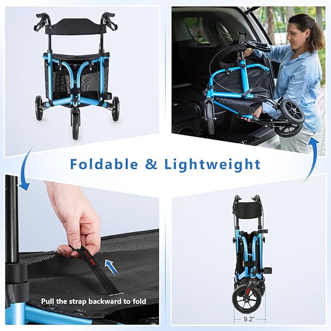 WALK MATE 3 Wheel Rollator Walker with Seat for Slim Seniors, Padded Backrest Lightweight Foldable Walker Ideal for Elderly, 8 Inch Tri-Wheel Modern Mobility Walking Aid Aluminum, Blue