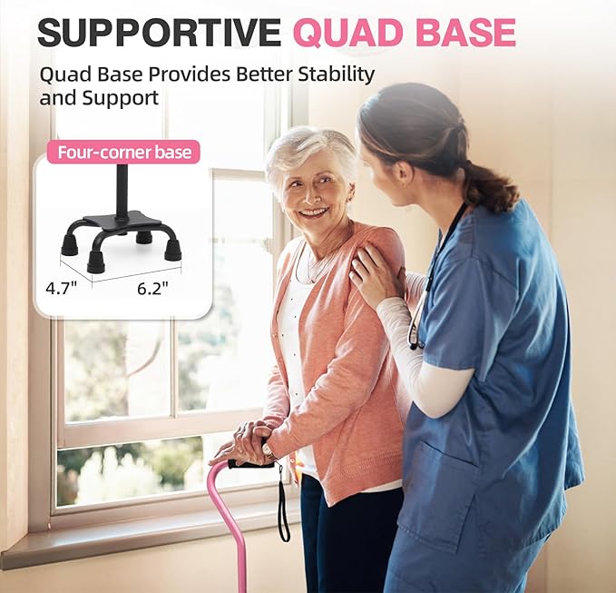 BeneCane Quad Cane Adjustable Walking Cane with Offset Soft Cushioned Handle for Men & Women Lightweight Comfortable with 4-Pronged feet for Extra Stability