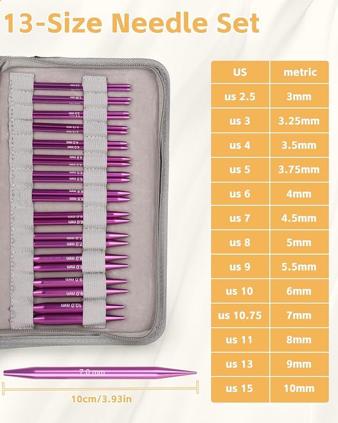 Aeelike Interchangeable Knitting Needles Set, 13 Sizes Circular Knitting Needles (3.0-10.0 mm) with 4 Cables & Leather Case, Smooth Knitting Needle for Blankets Cushions, Ideal Gift