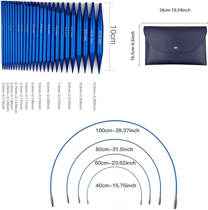 Hzkokon Knitting Needles Set Interchangeable Aluminum Circular Knitting Needles Set 13 Pairs of 4 Inch Premium Aluminum Needles & Accessories Blue