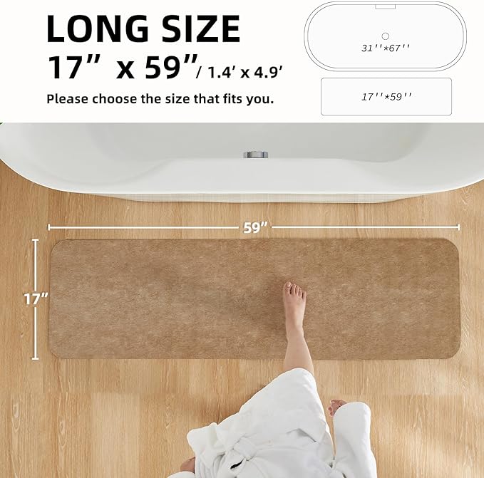 Bathroom Mat Quick Dry, Bathroom Rugs Non Slip Washable Thin Absorbent Bath Mat Fits Under Door Bathroom Floor Mat Perfect for Bath, Shower, or Sink 17"x59" Camel