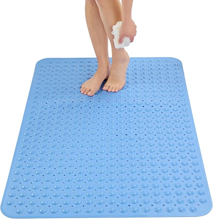 ENKOSI Extra Large Shower Mat Non Slip - 47 x 32 inch - XL Bathroom Shower Mat - Large Shower Matts for Shower Stall Floors - Secure Suction Cups and Drain Holes (47x32 Aqua Blue)