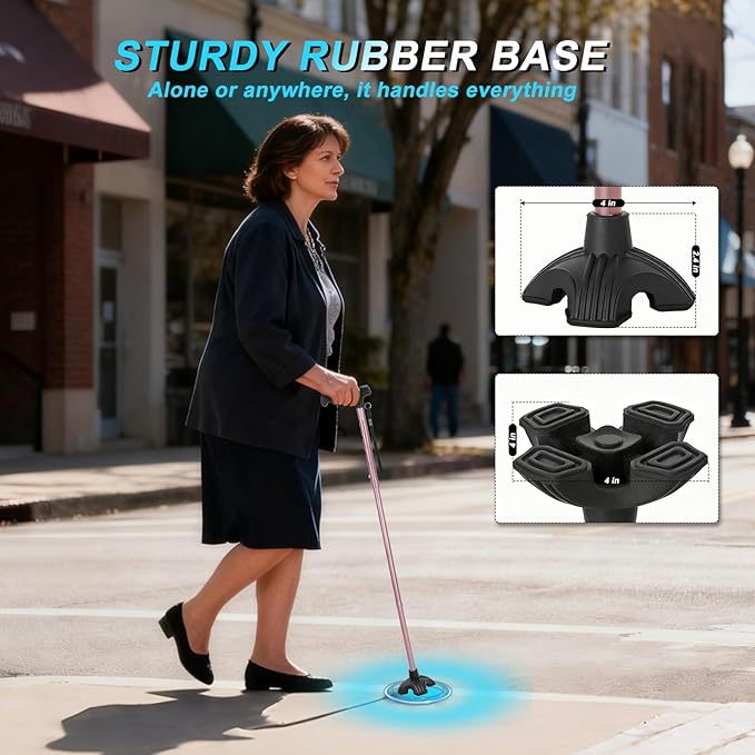 Walking Cane for Women, Extended Grip; Solid Base; Foldable; Adjustable Heights; Lightweight; Free Standing; Portable Canes for Women for Stability (Pink)