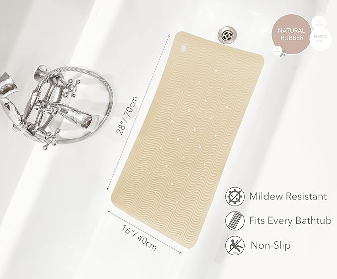 HEVEA Natural Rubber Wave Bath Mat – Long 28 × 16 in - Non-Slip Shower & Bathtub Mat with 388 Suction Cups, Plastic-Free & Biodegradable (Sand)