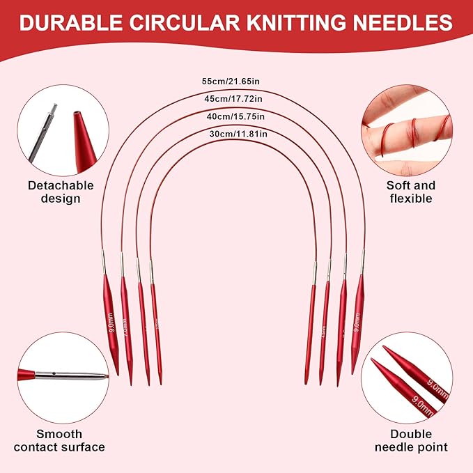 Looen 57 pcs Aluminum Circular Knitting Needles Set with Ergonomic Handles,13 Size Interchangeable Crochet Needles with Storage Case for Small Project (Style 1 New Red)