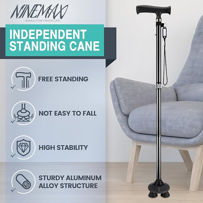 NINEMAX Walking Cane for Men Women Seniors, Foldable Collapsible Adjustable Free Standing T Handle Walking Stick, Lightweight Sturdy Folding Cane Portable for Stable and Balance