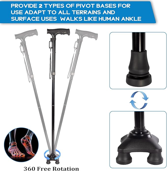 Folding Walking Quad Cane for Men and Women,Ultra Lightweight Sturdy Height Adjustable Nonslip Rubber Tips Free Standing Cane,Collapsible Walking Sticks for Seniors & Adults [Black]