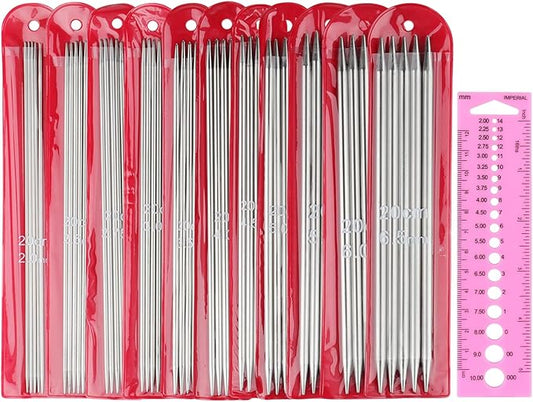 Coopay 55pcs Double Pointed Knitting Needles Set, 2.0mm-6.5mm, Sock Knitting Needles, 20cm Metal DPN Shorties Knitting Needle for Socks Gloves Hats, Double Pointed Needles with Knitting Needle Gauge