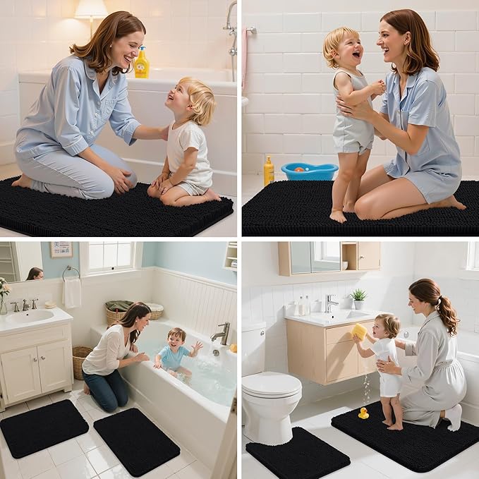 Arotive Bathroom Rugs 59x24, Extra Soft Absorbent Shaggy Chenille Bath Rugs, Machine Washable Rubber Backing Non-Slip Bath Mats for Bathroom Floor Tub and Shower, Home Decor Accessories, Black