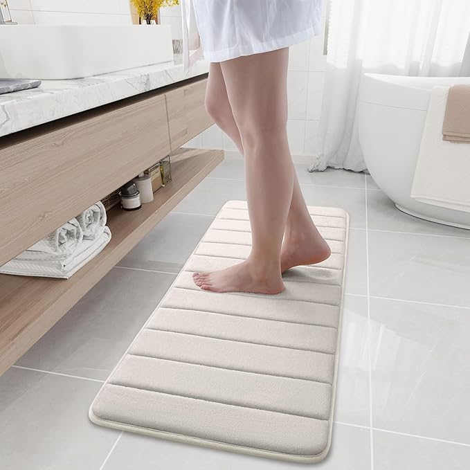 Buganda Memory Foam Bath Mat, 47" x 17", Ultra Soft and Non-Slip Bathroom Rugs, Water Absorbent and Machine Washable Bath Rug Runner for Bathroom, Shower, and Tub, Cream