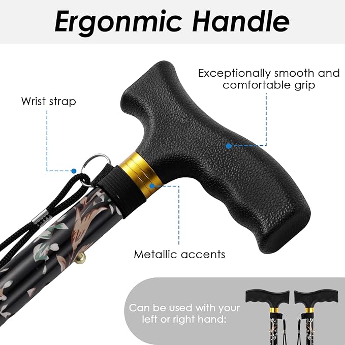Walking Cane PANZHENG Cane for Man/Woman | Mobility & Daily Living Aids | 5-Level Height Adjustable Walking Stick | Comfortable Plastic T-Handle Portable Walking Stick Folding Cane